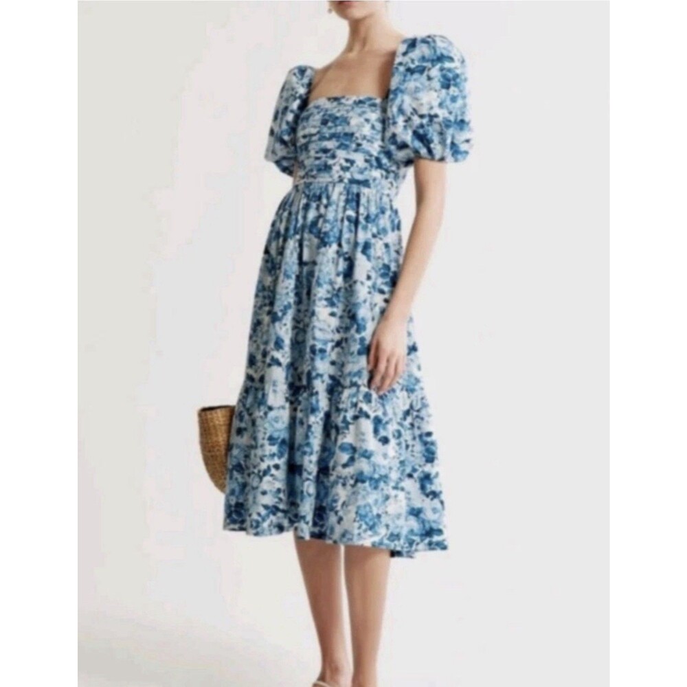 Abercrombie Emerson Floral Poplin Puff Sleeve Midi Dress Blue Size LP
